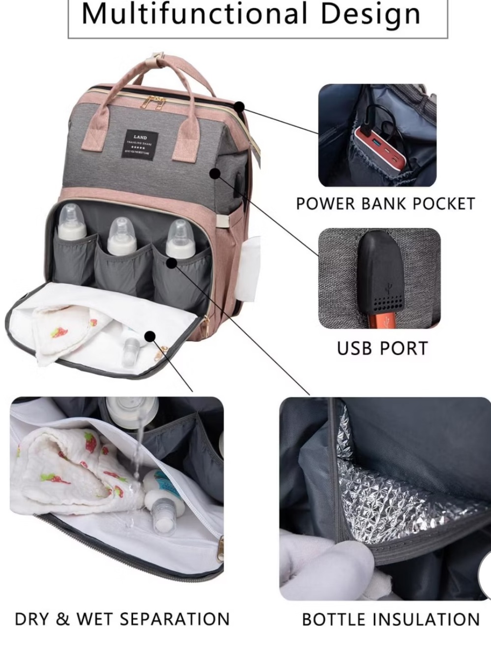 AND Multifunctional Diaper Backpack - Pink and Gray - Picture 5 of 8